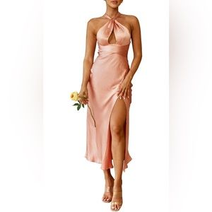 Women's V Neck Spaghetti Strap Satin High Slit Formal Maxi Dress